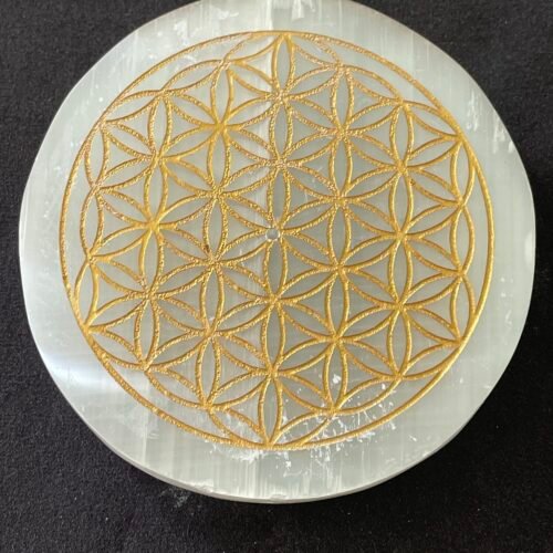 Plaque Circulaire de Sélénite avec Fleur de Vie