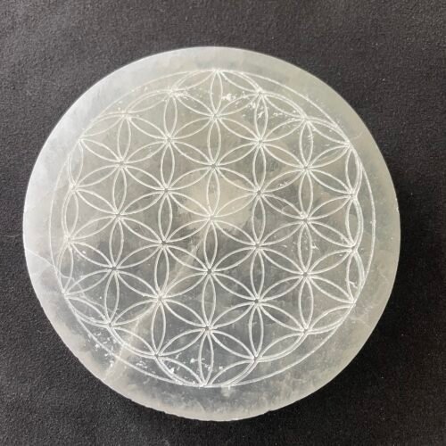Plaque Circulaire de Sélénite avec Fleur de vie